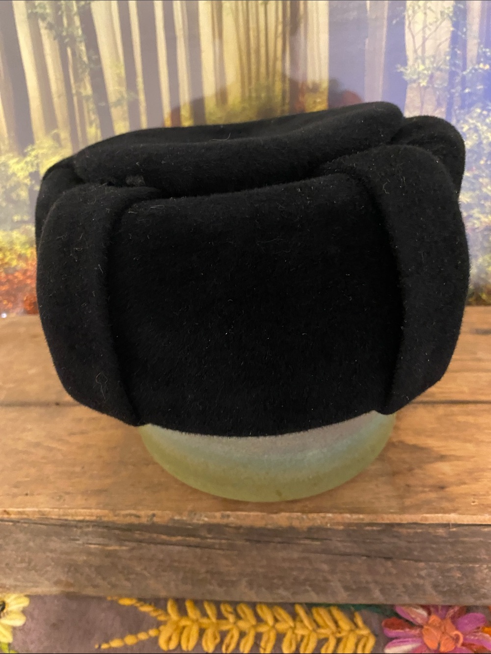 Vintage Black Pillbox Hat, feels like velvet.  Nice condition